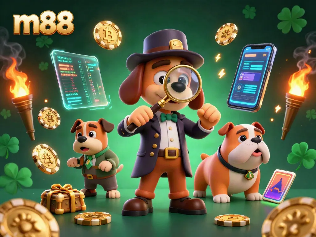 Examine m88 casino strategies with a detective-themed 3D illustration featuring crypto elements.