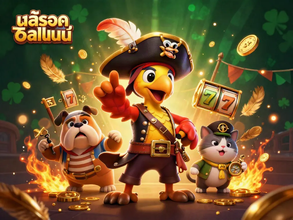 Exciting 3D scene featuring pirate captain and companions enjoyingสล็อตออนไลน์ with dynamic slot elements.