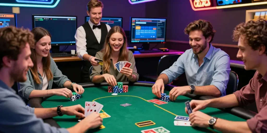 Exciting scene at top rated credit card casinos with friends playing poker and using credit cards.