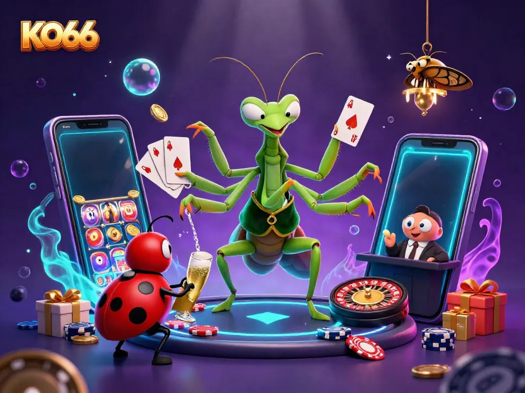 KO66 slots illustrated with a giant praying mantis card sharp, ladybug pit boss, and vibrant casino elements.