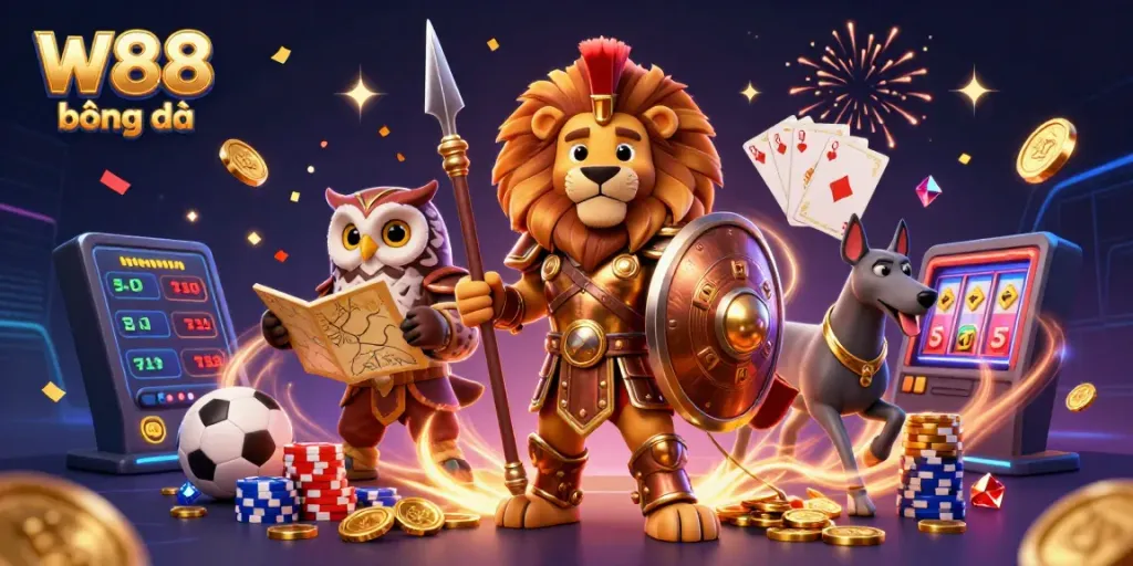 Experience thrilling action at W88 bóng đá as a Spartan lion allies with a wise owl and speedy greyhound in a vibrant gaming scene.