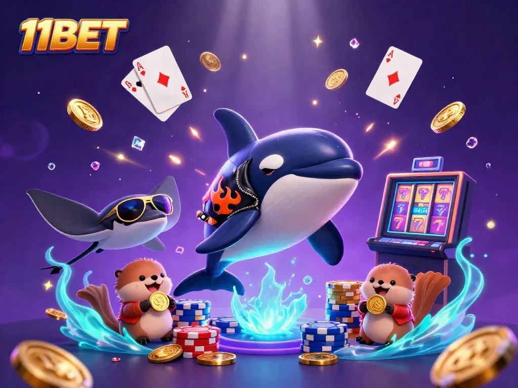 Experience 11BET's thrilling world with vibrant characters and gold coins in this action-packed casino scene.
