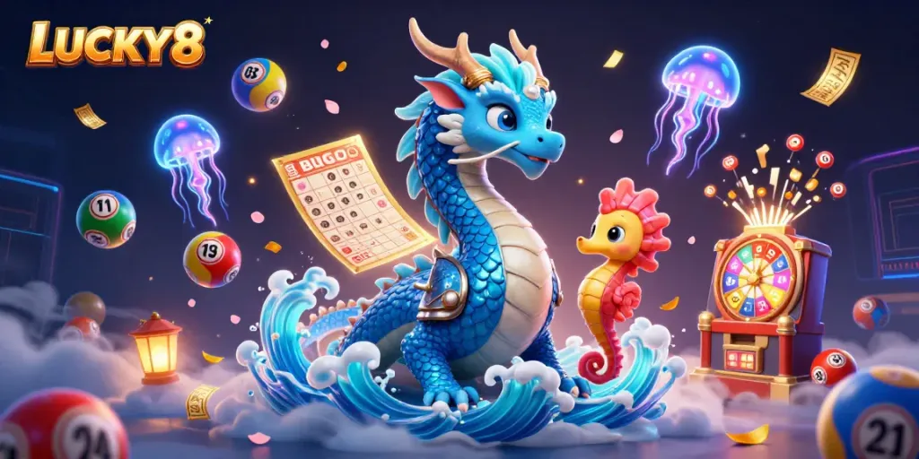 Experience the magic of LUCKY8 with dynamic characters and vibrant casino elements.