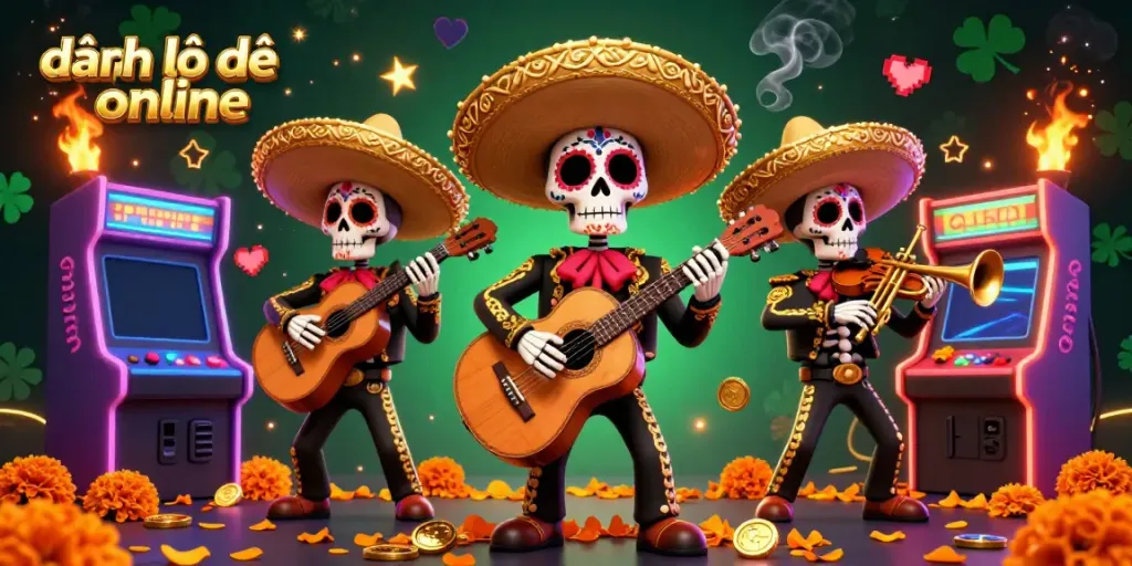 Engage in đánh lô đề online with a vibrant 3D mariachi band surrounded by retro gaming elements, showcasing the fun atmosphere.