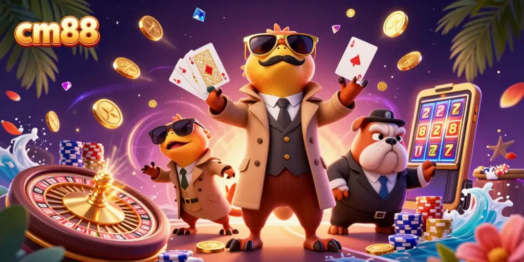 Engage in exciting games at cm88 with vibrant casino elements and playful characters.