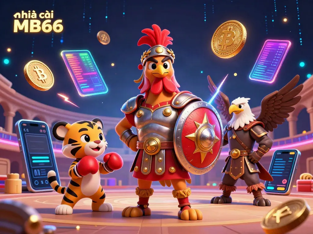 Engage with nhà cái MB66 in an electrifying 3D illustration showcasing vibrant casino action and crypto elements.