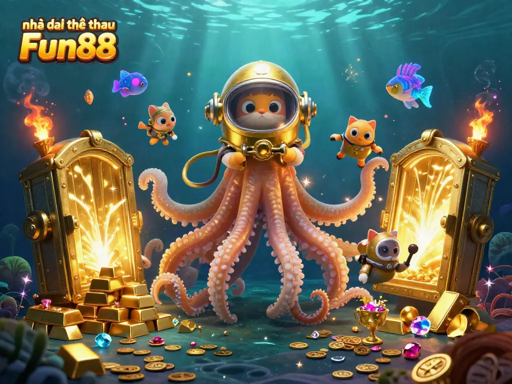 Engage in dynamic gameplay at Nhà cái thể thao Fun88 with thrilling scenes of 3D kraken and diving cat.