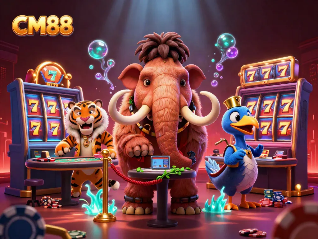 Experience the dynamic world of CM88 casino, highlighted by a woolly mammoth bouncer and vivid gaming visuals.