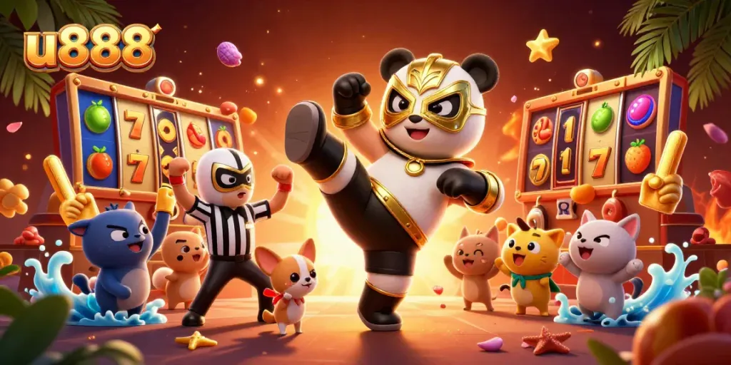 Engaging u888 illustration showcasing a panda wrestler kicking amidst vibrant slot elements.