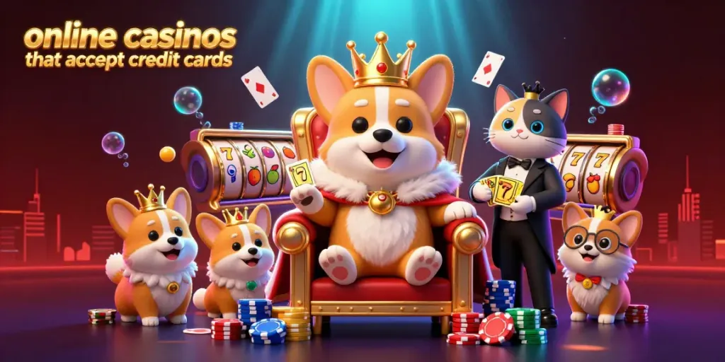 Experience the thrill of online casinos that accept credit cards with a crowded royal scene of a corgi on poker chips, highlighting gaming excitement.