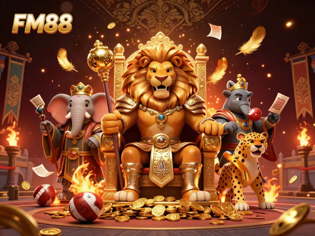 Experience thrilling betting with FM88, featuring a lion king, elephant advisor, and cheetah amidst dynamic gaming elements.
