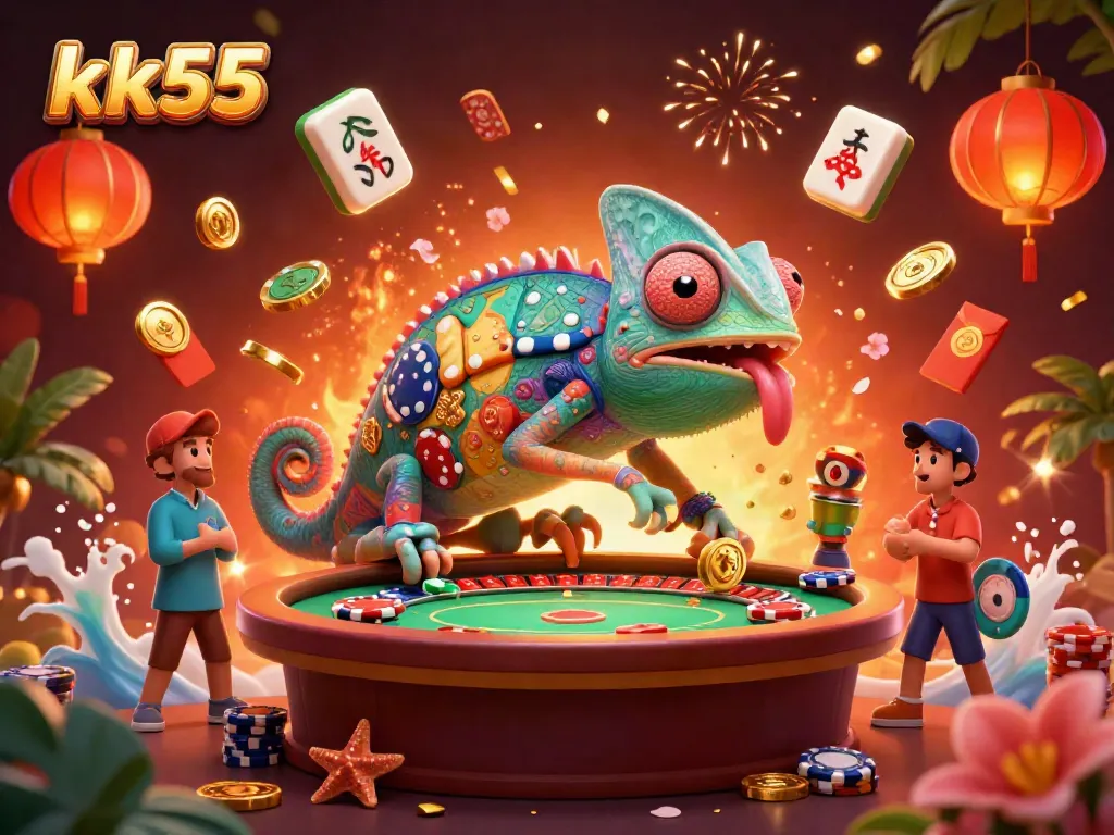 Engage in vibrant casino action with kk55, featuring a chameleon owner capturing golden coins amidst colorful gambling elements.