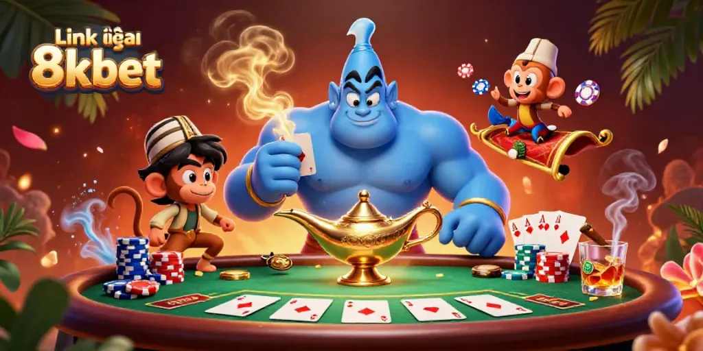 Experience thrilling moments with Link vào 8kbet amidst colorful poker elements and a dynamic casino scene.