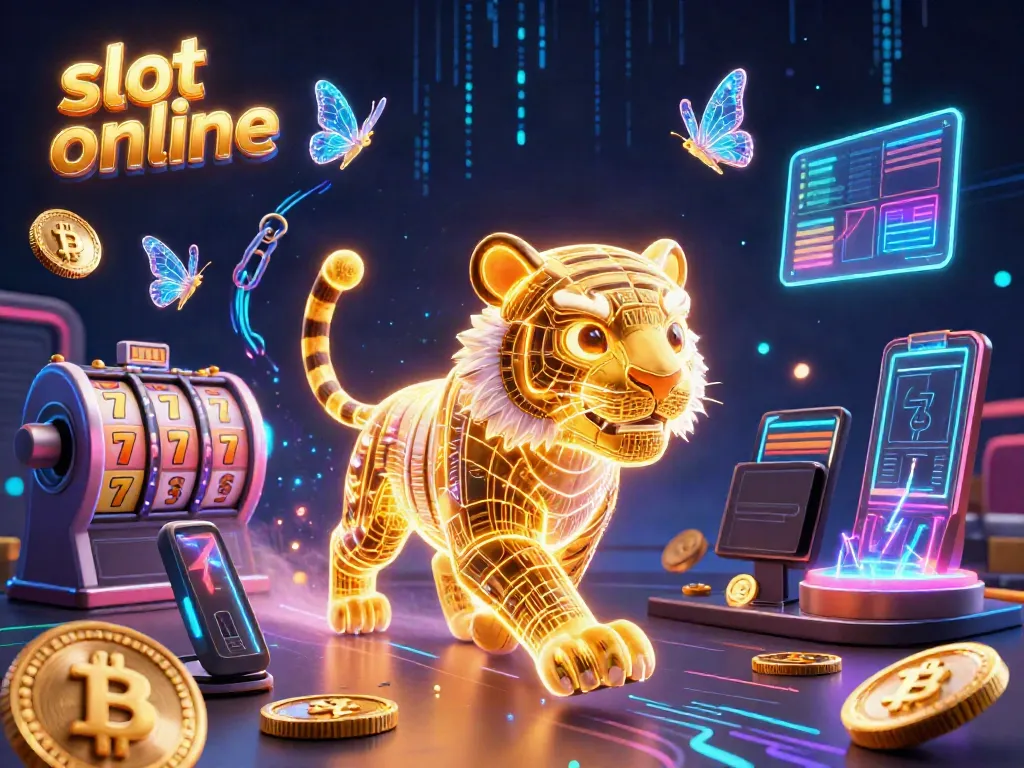 Engage with slot online gaming in a vibrant digital landscape featuring neon-lit characters and coin symbols.