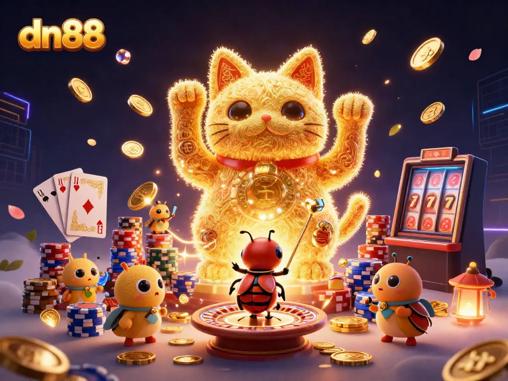 Experience the vibrant dn88 casino world with a lucky cat made of fireflies and sparkling gems.