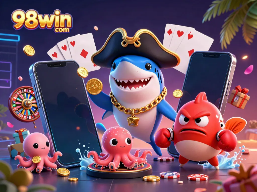 Engage in exciting gaming at 98win com with a dynamic 3D scene featuring cartoon characters and thrilling casino elements.
