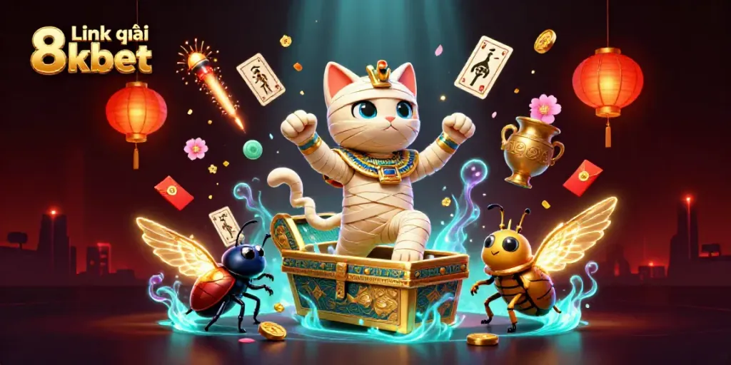Engage with the thrilling adventures in the casino realm with Link vào 8kbet, featuring vibrant characters and glowing elements.