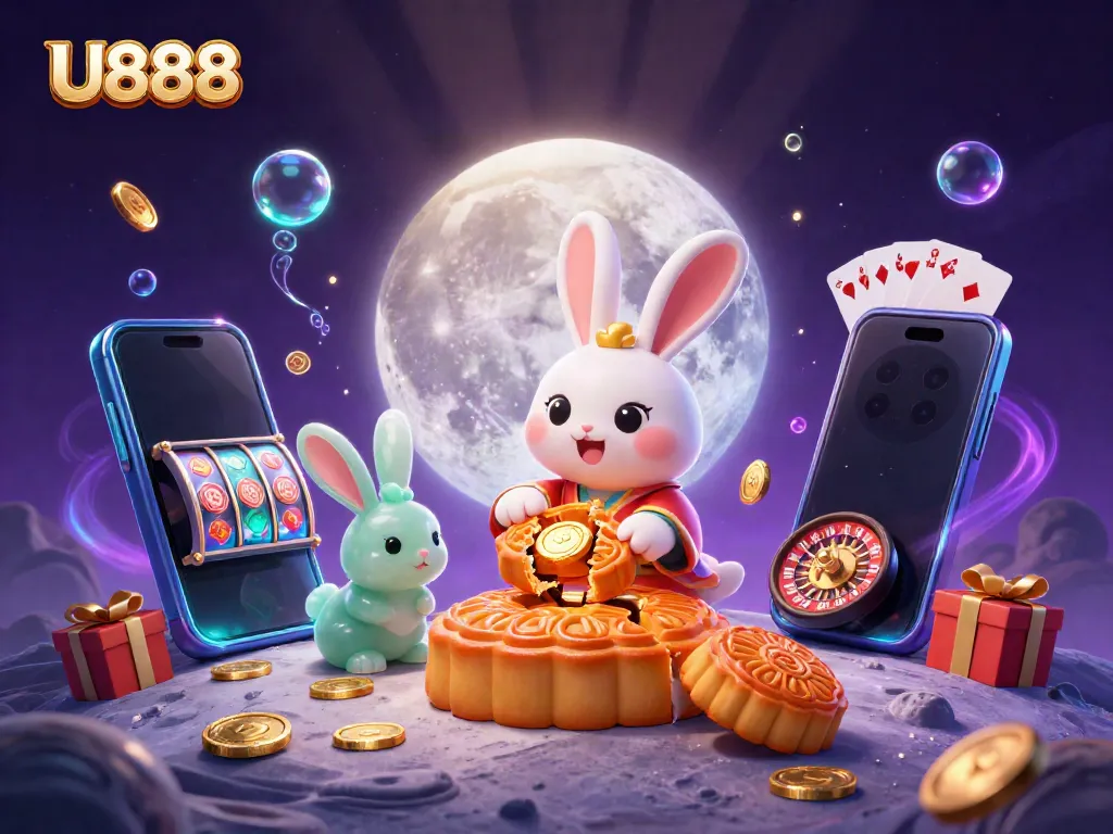 Experience U888's vibrant casino world with a moon rabbit pounding mooncakes revealing poker chips, rich in detail.