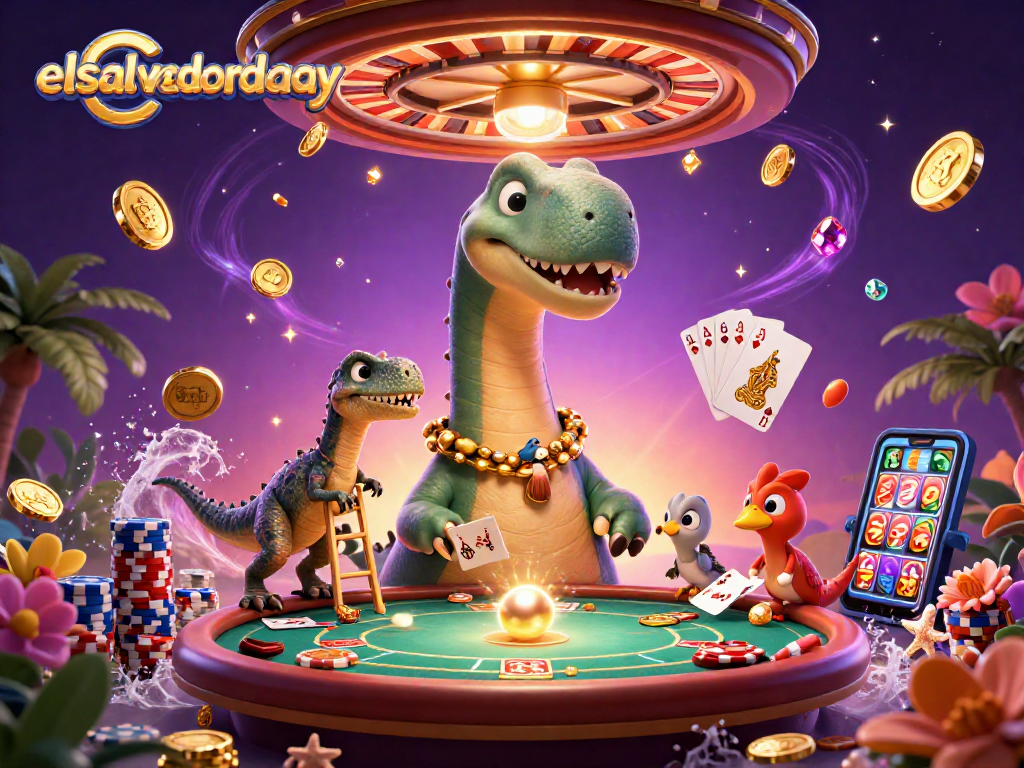 Engaging scene illustrating elsalvadorday with a brontosaurus in a casino, dazzling card games and treasures.