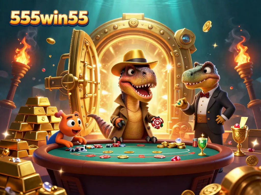 Engaging scene at 555win55 with 3D velociraptor counter and stegosaurus pit boss at a vibrant casino game table.