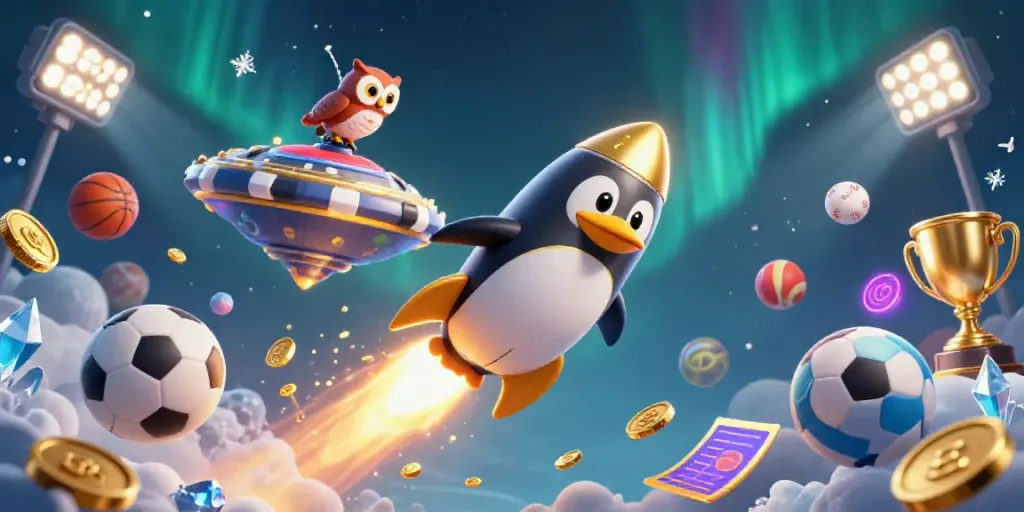 Experience thrilling 8x bet action with a golden penguin and casino elements in a dynamic 3D space scene.