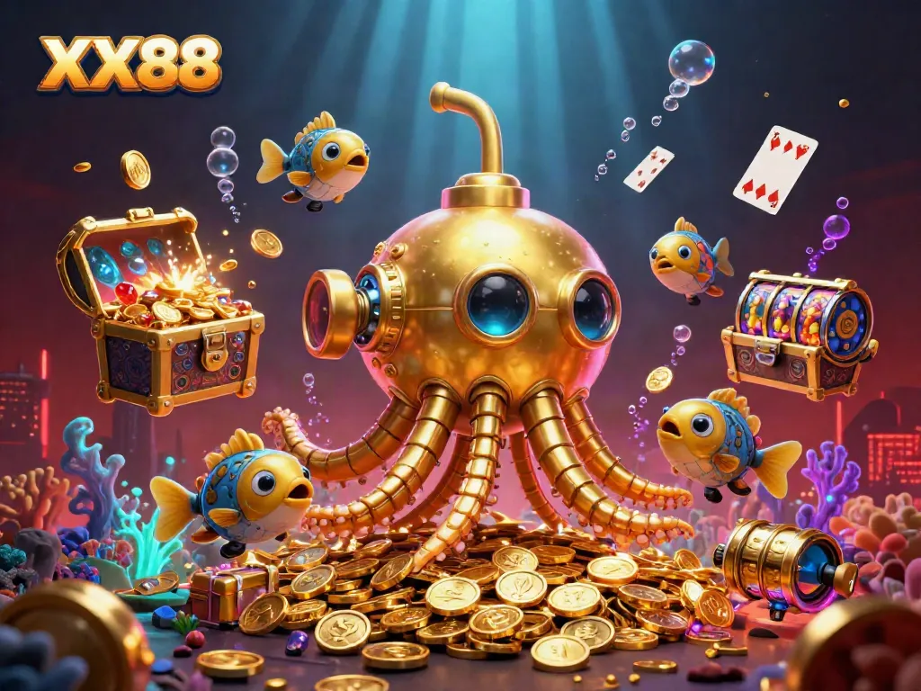 Experience the thrilling world of XX88 with vibrant slot reels and a golden kraken submarine.