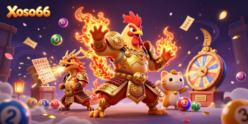 Engage with Xoso66 through vibrant lottery-themed 3D illustration featuring dynamic characters and colorful game elements.