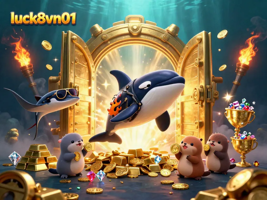 Engage with luck8vn01 as orca, stingray, and otters unveil treasure amidst a vibrant casino underwater scene.
