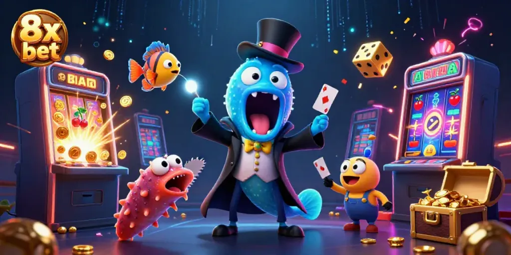 Engage in thrilling gaming with the 8x bet illustrated by vibrant 3D sea creatures and slot machines.