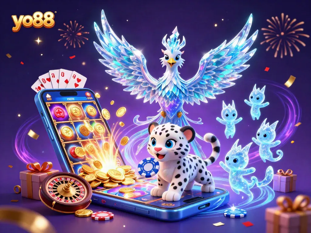 Spin the reels with yo88 amidst a vibrant scene of ice-themed characters and casino elements.