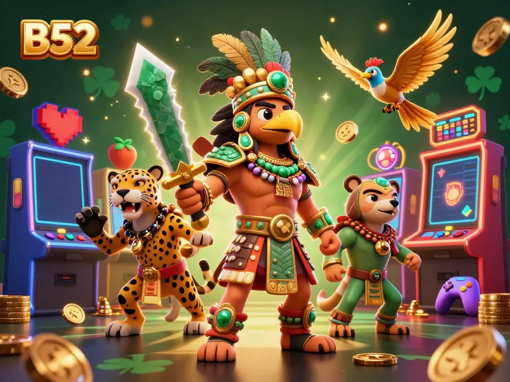 Engage with B52 slot gaming featuring Aztec characters amidst dynamic casino elements.