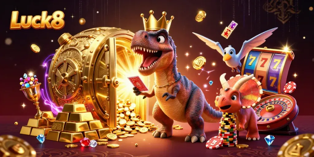 Experience the excitement of Luck8 as a T-Rex deals cards amidst a treasure-filled casino scene.