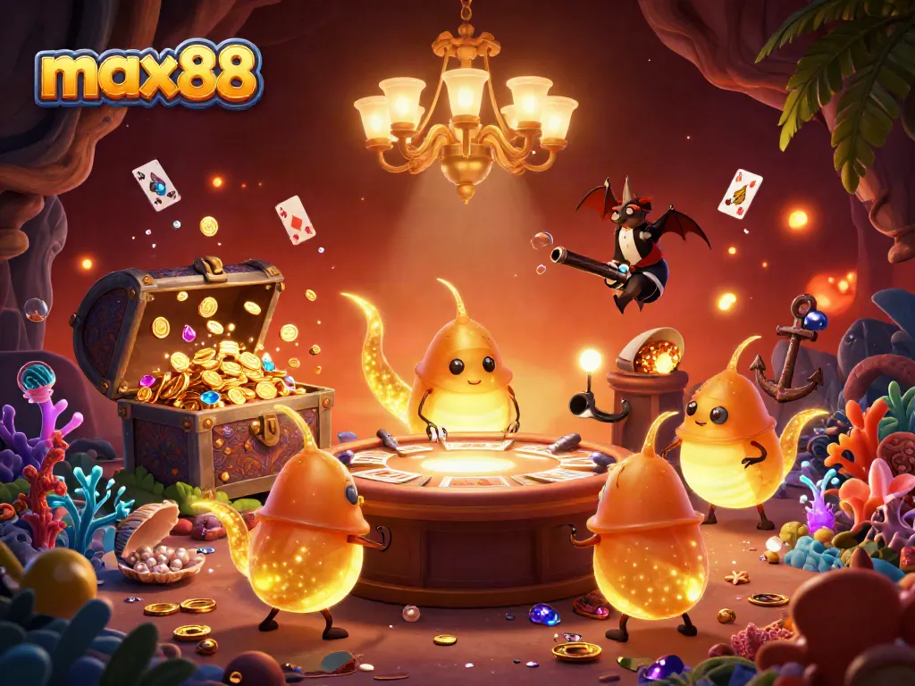 Experience the vibrant casino atmosphere at max88 with glowing characters and treasure-filled action.