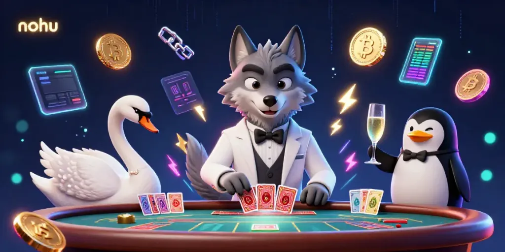 Engage in thrilling baccarat with nohu at the forefront, featuring a debonair wolf, elegant swan, and penguin sommelier.