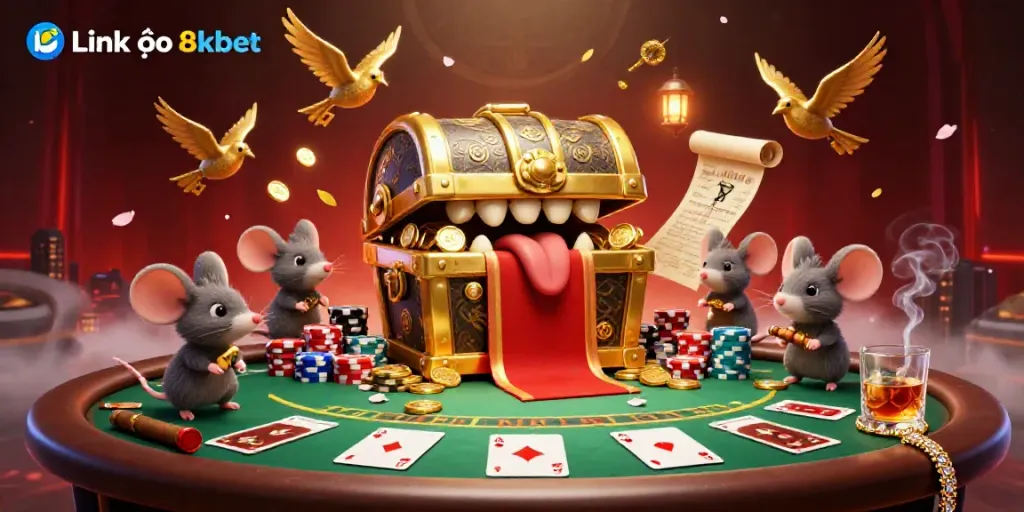 Engage with Link vào 8kbet through a vibrant casino scene featuring dynamic poker elements and a treasure chest lure.