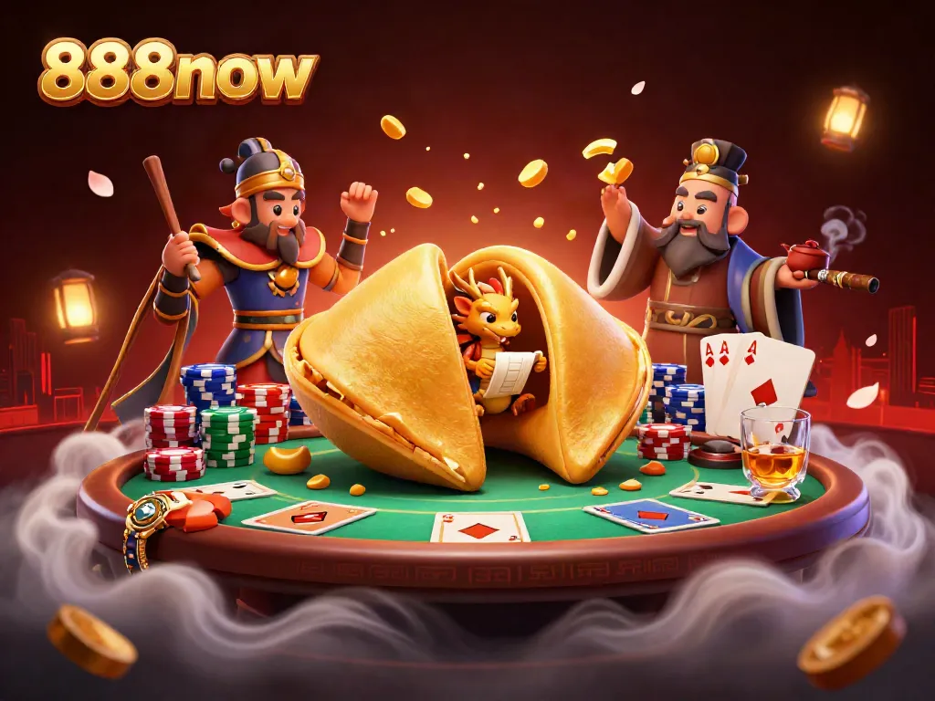 Engage in the excitement of 888now with a vibrant casino scene featuring poker elements and a fortune cookie dragon.