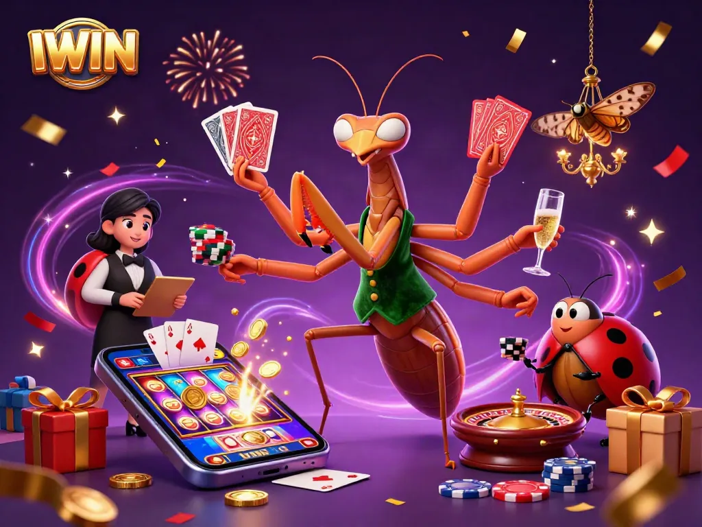 IWIN casino scene featuring a card sharp mantis and pit boss ladybug amidst festive gambling elements.