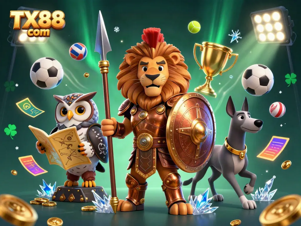 Join the excitement at TX88 com with our epic 3D illustration showcasing a Spartan lion and gaming action.