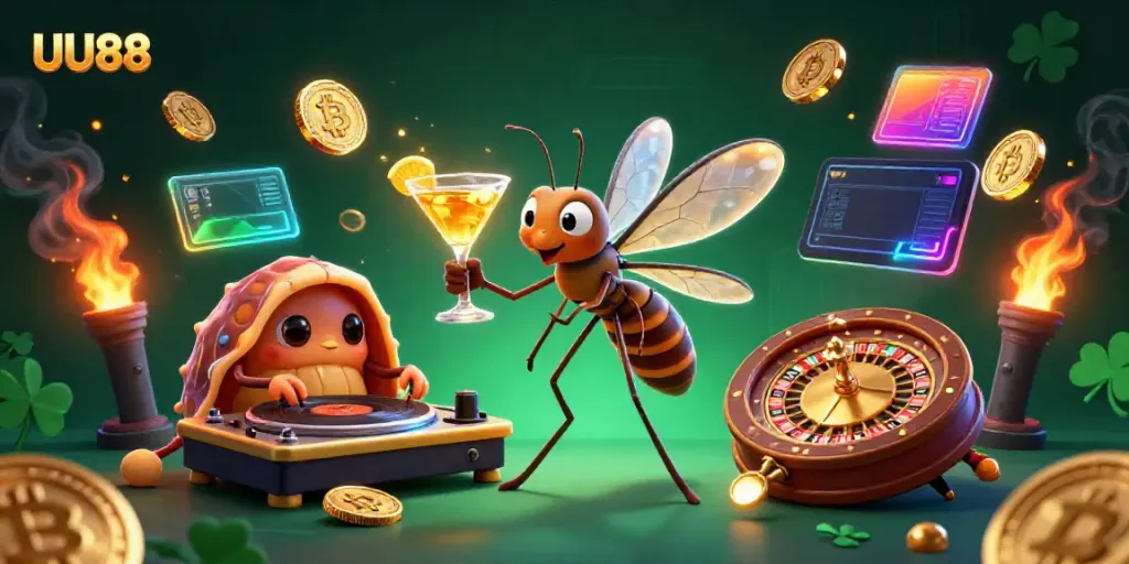 Experience vibrant casino excitement with UU88's unique and engaging 3D mascot art accompanied by crypto-themed elements.