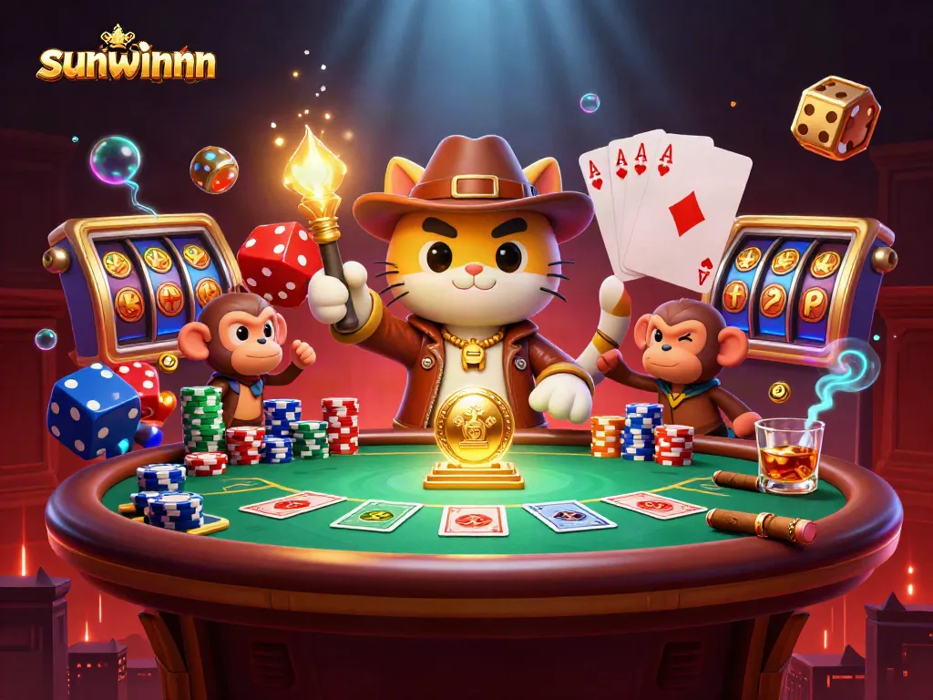Engage in thrilling slots with sunwinnn's 3D cartoon explorer cat and treasure symbols in a vibrant casino temple.