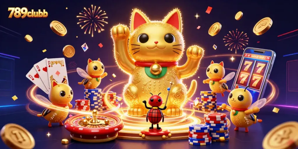 Experience winning moments with 789clubb, featuring a vibrant giant lucky cat, cascading coins, cards, and more.