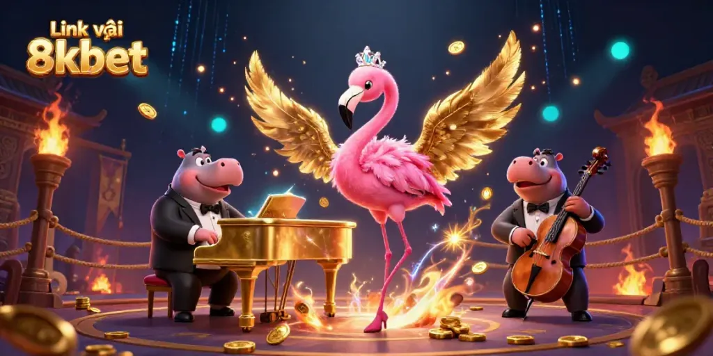 Engage in thrilling action with Link vào 8kbet through a vibrant 3D casino scene showcasing lively characters and game elements.