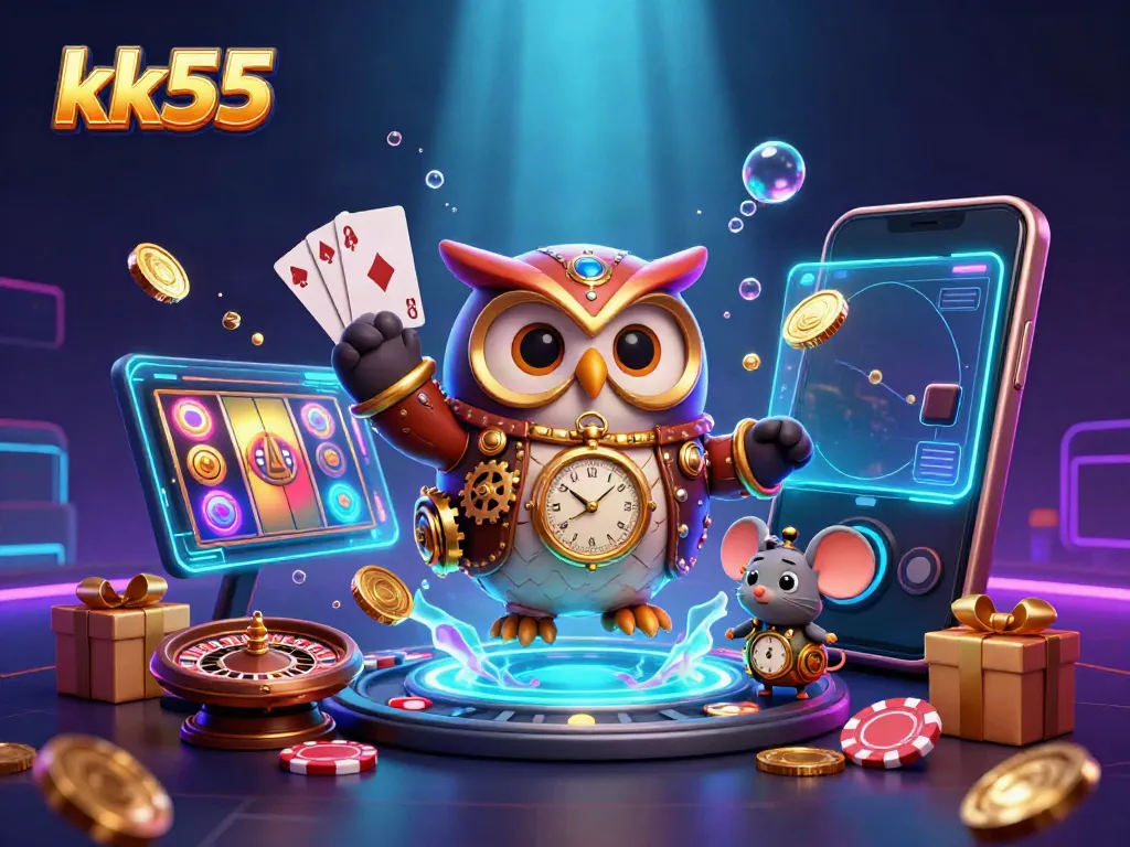 Engage in thrilling gameplay at KK55 with a vibrant casino scene featuring a time-traveler owl.