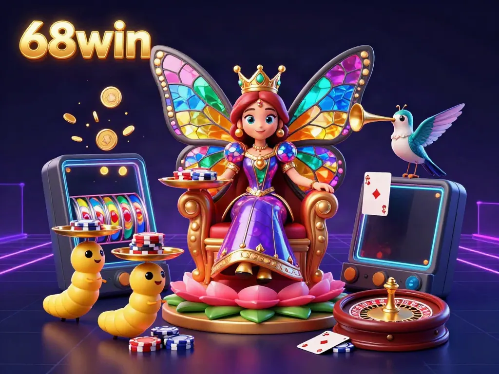 Experience the vibrant world of 68win with animated characters and dynamic casino elements.