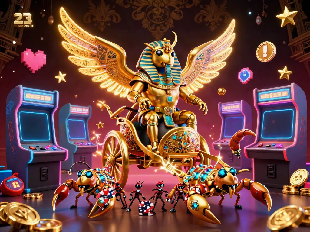 Engage with 23WIN's casino adventure featuring a golden scarab beetle and scorpions, set against vibrant arcade machines.