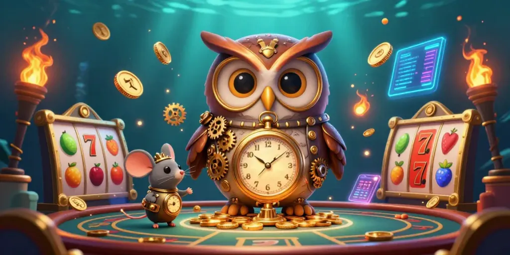 Experience thrilling gambling with on-bet, featuring a steampunk owl and casino elements.