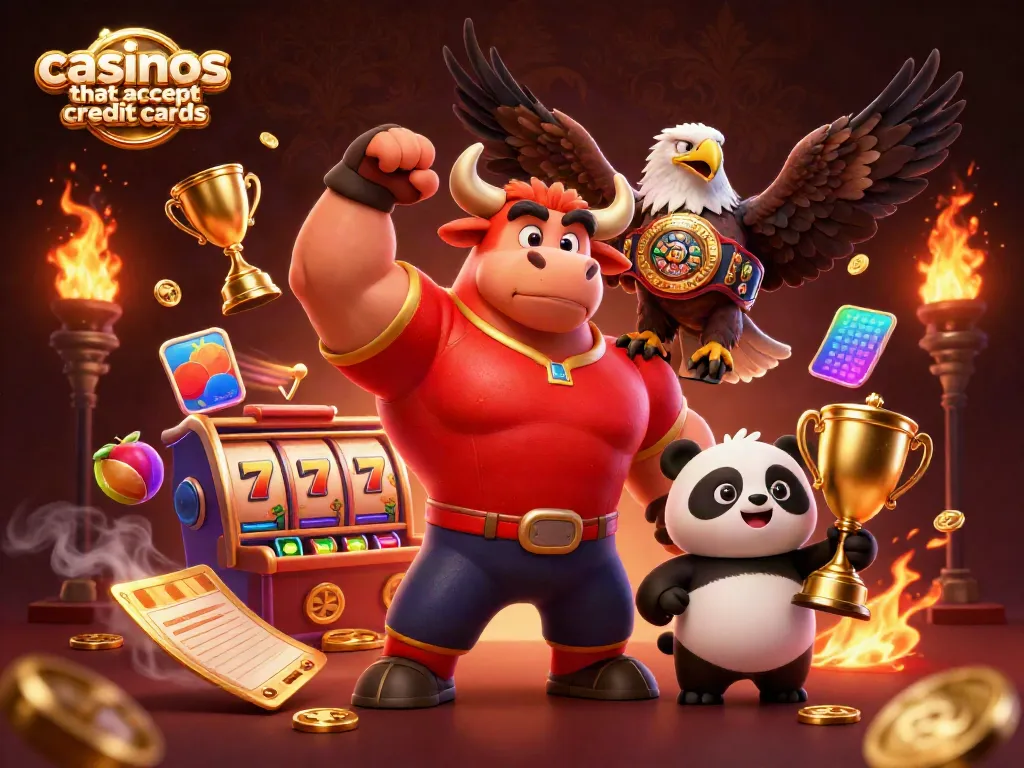 Experience the excitement of casinos that accept credit cards with a dynamic 3D illustration of a bull mascot, eagle, and panda amidst casino elements.