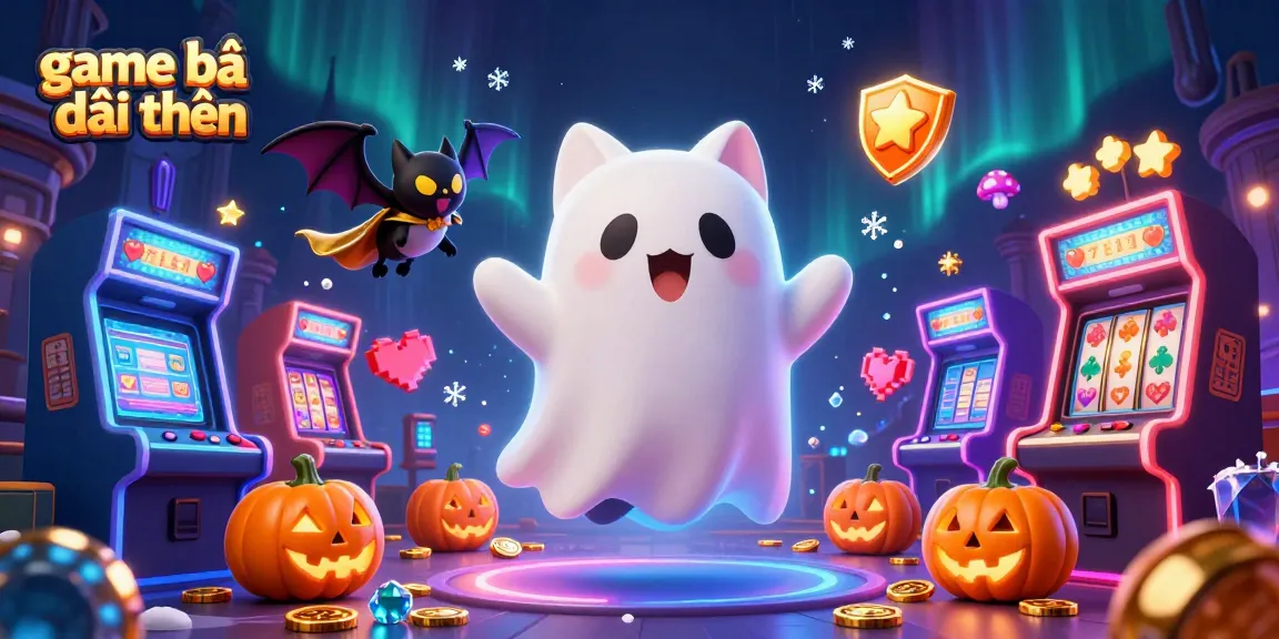 Experience thrilling game bài đổi thưởng with a friendly ghost cat and vampire bat in a haunted casino scene.