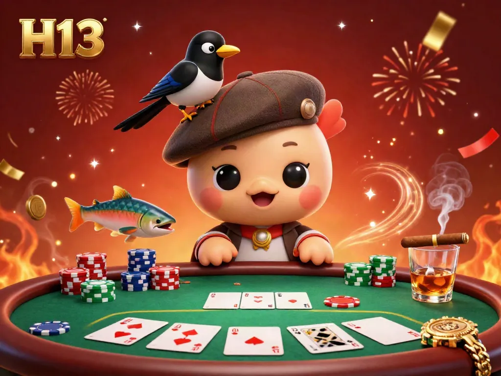Engage in thrilling games with H13, featuring a playful Loch Ness monster and vibrant poker elements.