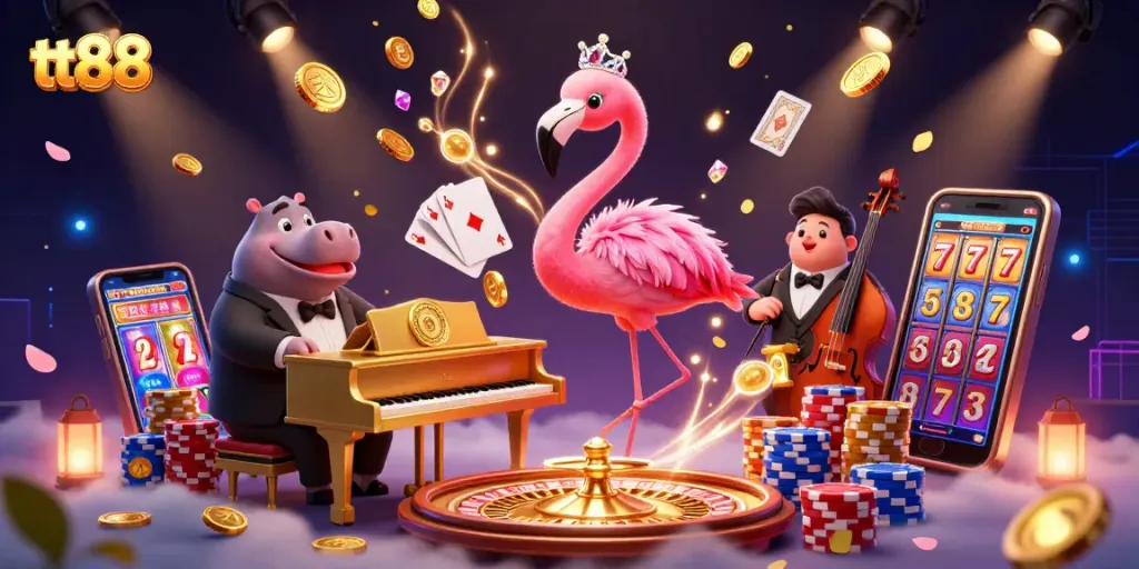 Experience the thrill at tt88 with a vibrant casino scene featuring dynamic characters and gaming elements.